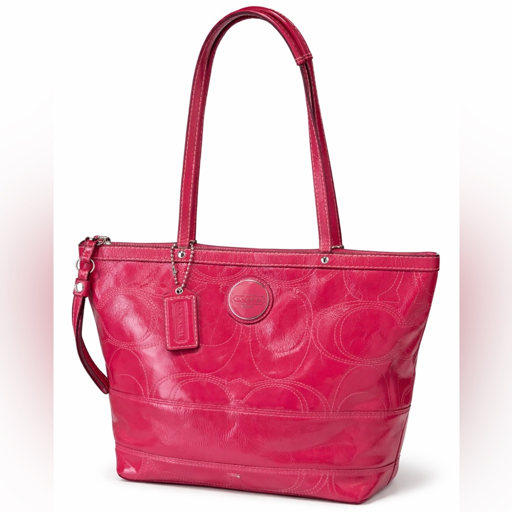 ✨ COACH Berry Pink Signature Patent Leather Tote - Iconic stitched "C" pattern
